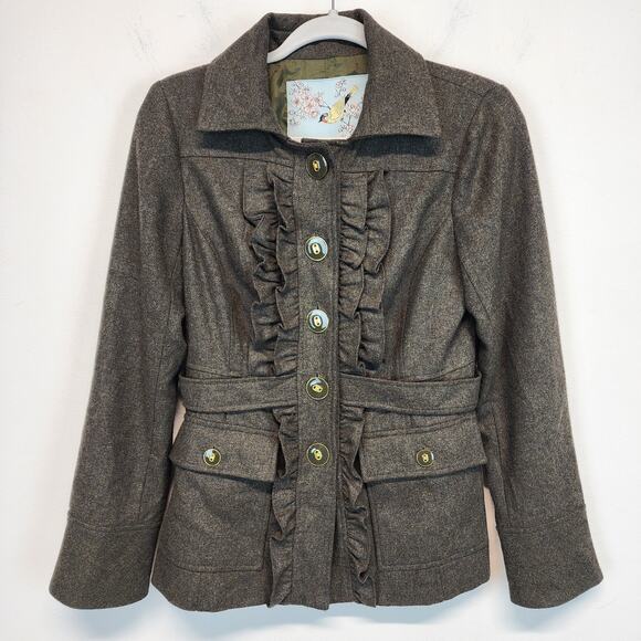 Anthropologie Tabitha Oxer Military Ruffle Jacket Size 4 Green Wool Blend Y2K - Picture 1 of 10